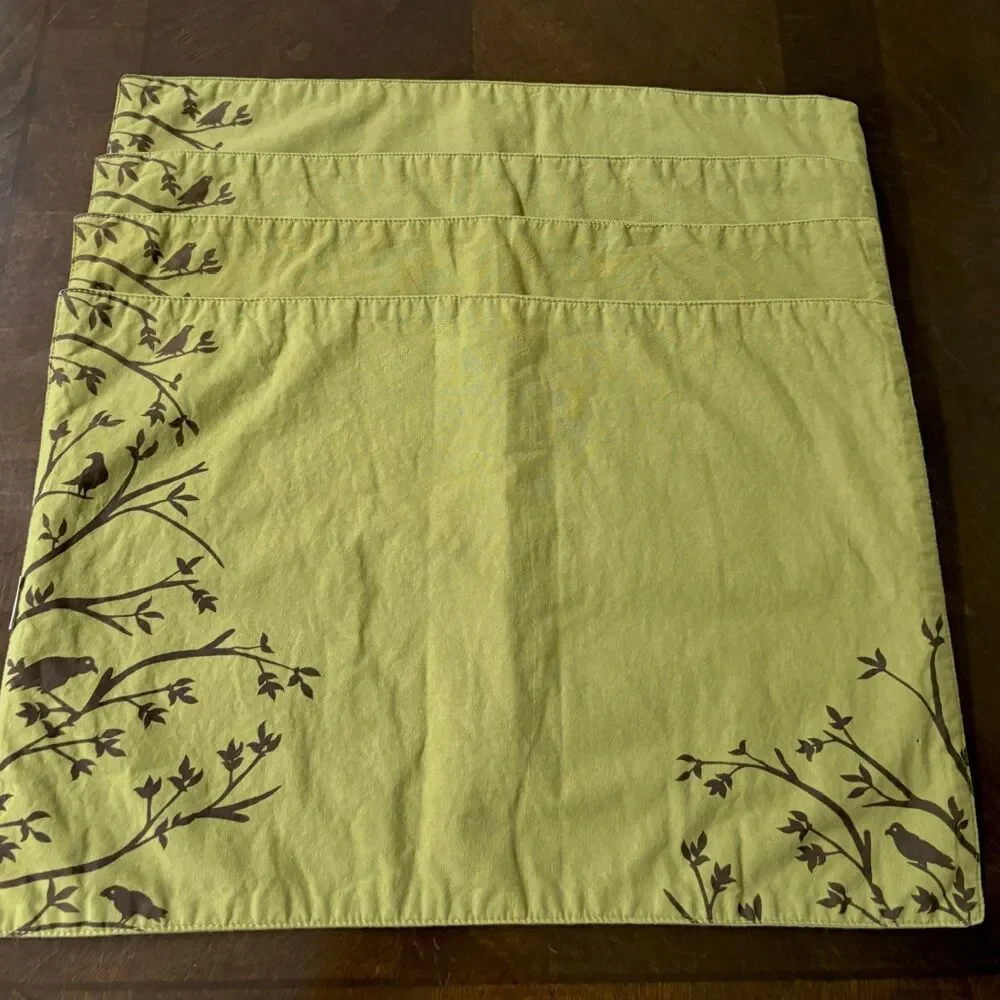 Pier 1 Imports Mosstone Placemats Set of 4 Green Bird Branch Cotton 13x19 Nature